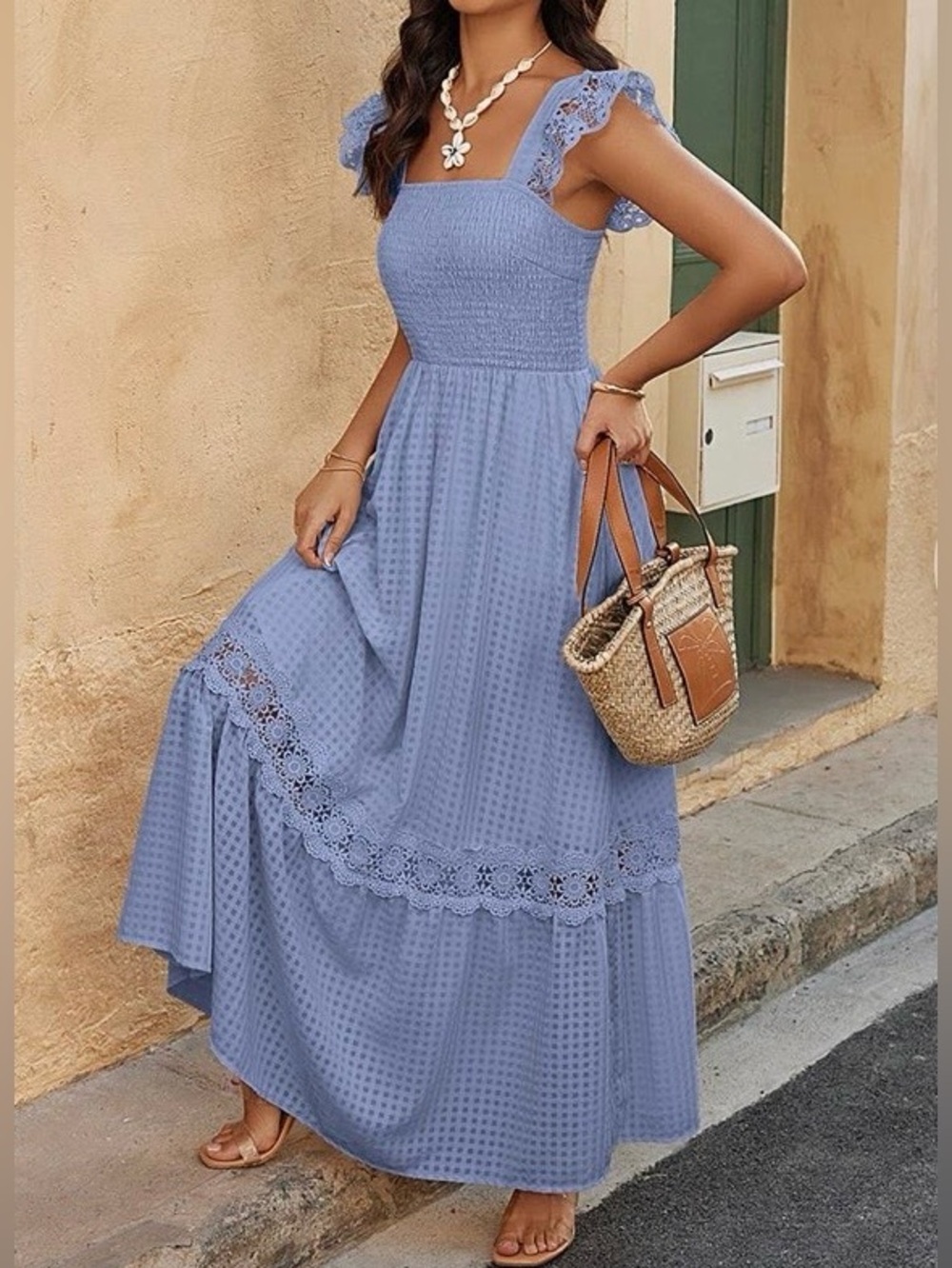 1159.  Smocked Square-Neck Blue Maxi Dress with Lace Trim